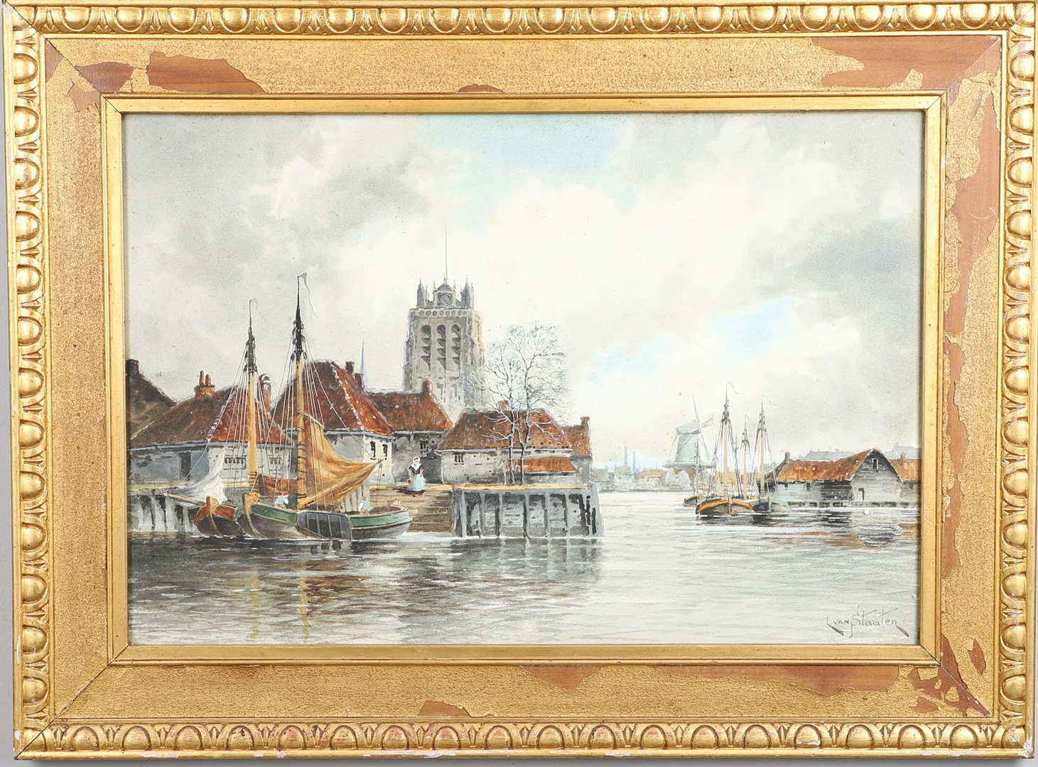 LOUIS VAN STAATEN (1836-1909). A DUTCH TOWN SCENE WITH BOATS ON A WATERWAY. — Drawings — Lawrences Auctioneers