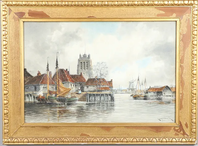 LOUIS VAN STAATEN (1836-1909). A DUTCH TOWN SCENE WITH BOATS ON A WATERWAY.
