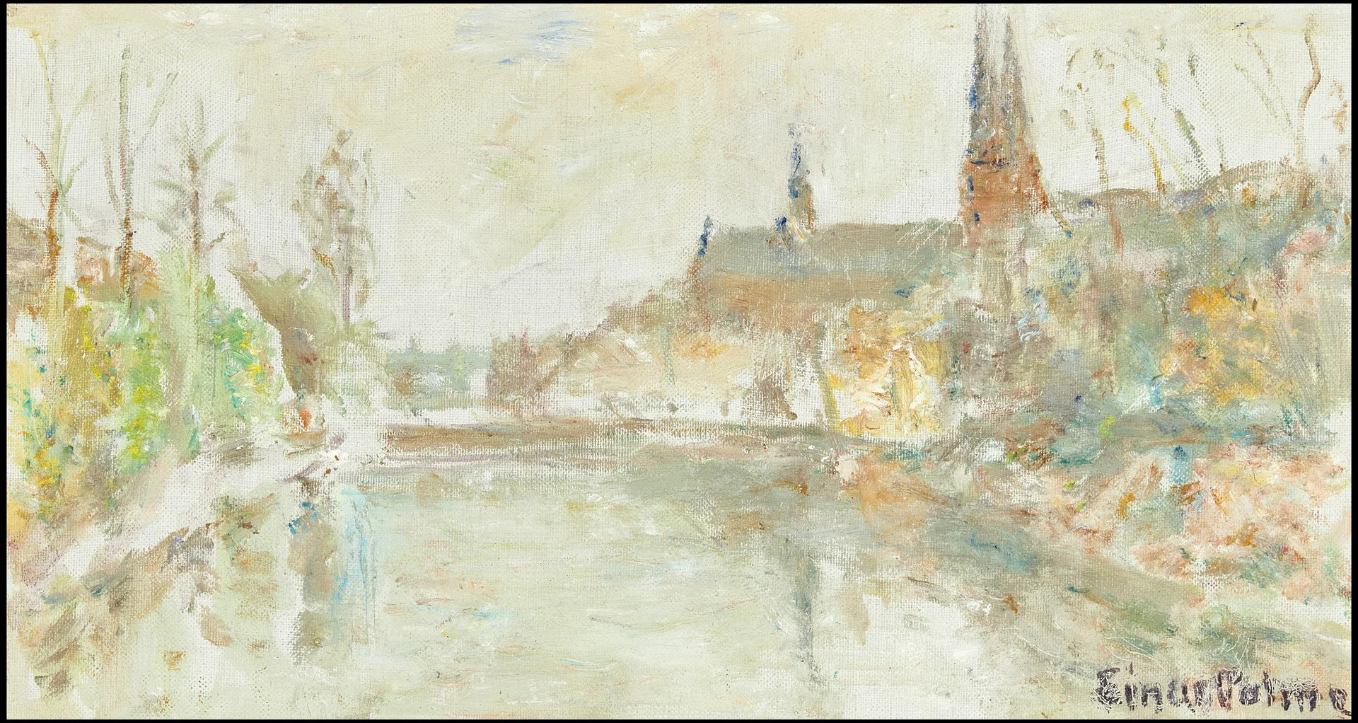 EINAR PALME (1901-1993), Domkyrkan och Fyrisån, Upsala, signerad ’Einar Palme’, olja, duk på pannå. — Paintings — Crafoord Auktioner Stockholm