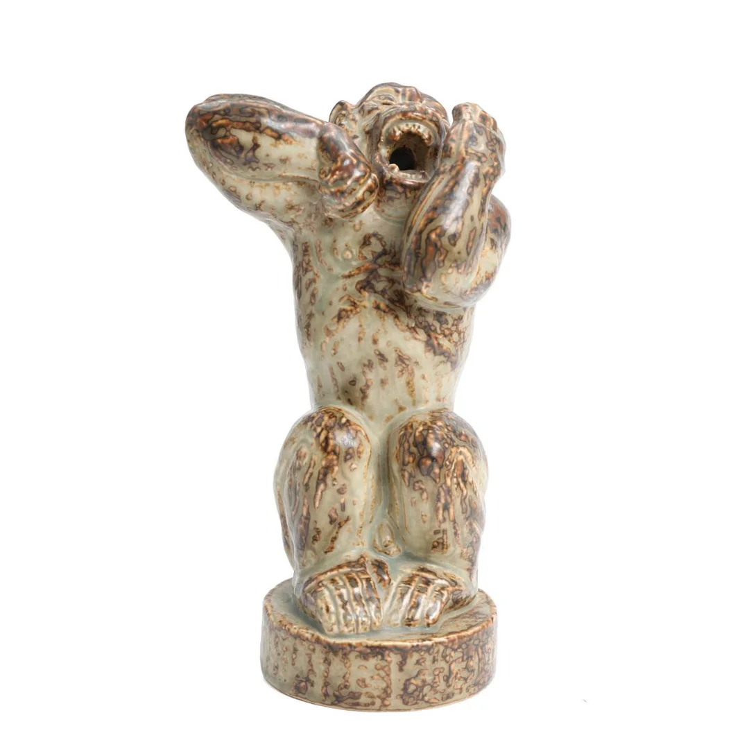 Stoneware figure modelled as a roaring monkey. Decorated with sung glaze. Signed monogram, no. 21632. Royal Copenhagen. H. 26 cm. — Modern Decorative Art — Bruun Rasmussen