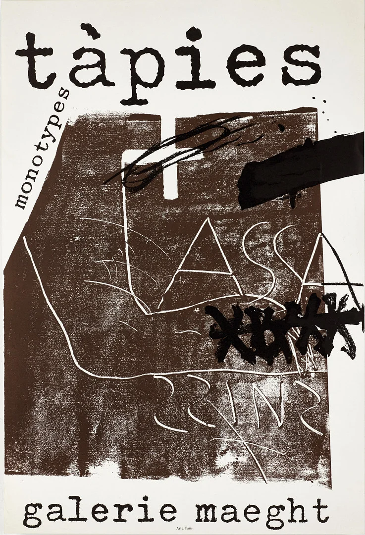 ANTONI TÀPIES (Katalonien, Spanien, 1923–2012). Utställningsaffish, "Monotypes", Galerie Maeght, 1974, litografi, tryckt av Arte, Paris. — Engravings & Prints — Crafoord Auktioner Stockholm