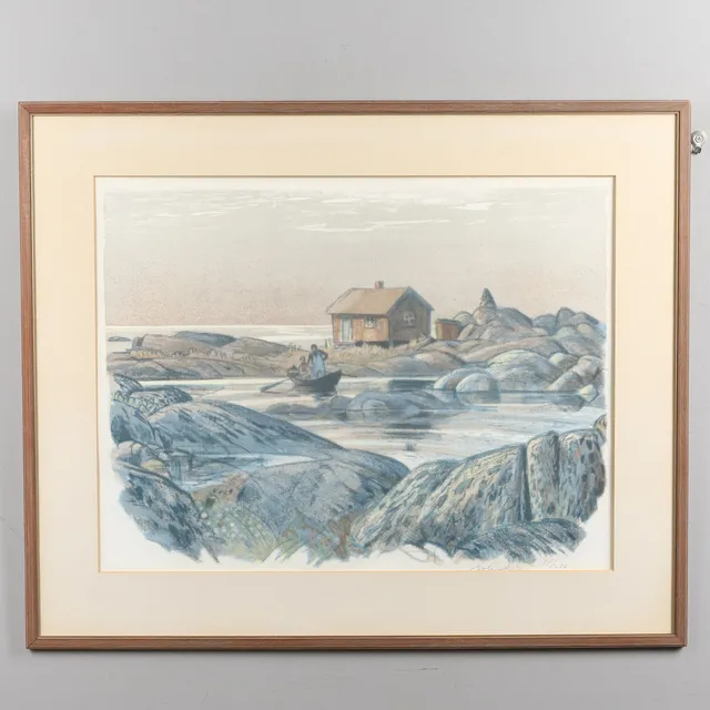 ROLAND SVENSSON. Färglitografi, "Nätbåten", signerad, numrerad 47/250.