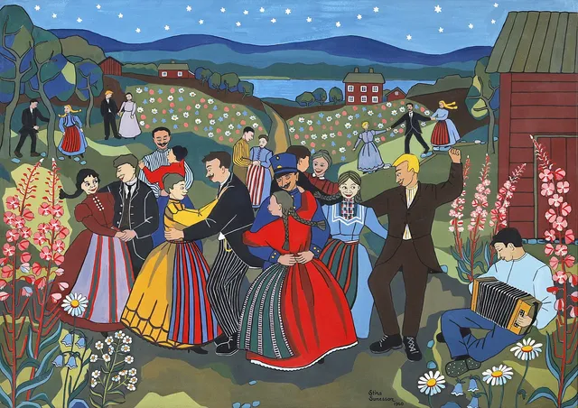 STINA SUNESSON (SVERIGE, 1925-1998). "Det var dans bort i vägen", (G. fröding), signerad och daterad Stina Sunesson 1960, gouache.