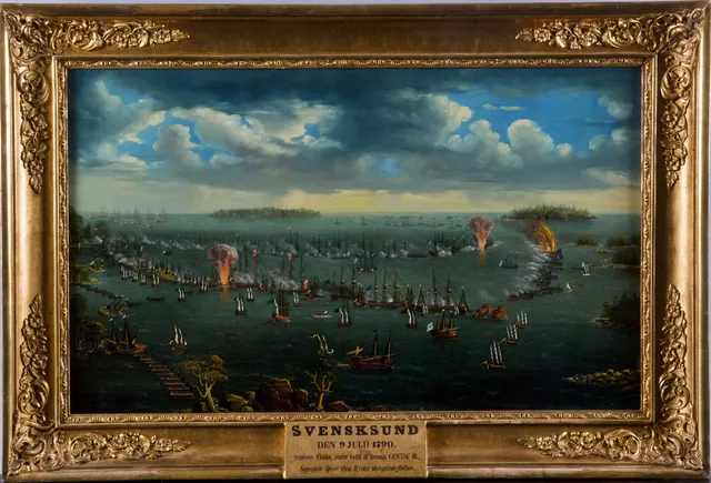 PER WILHELM CEDERGREN. Svensksund, Den 9 Juli 1790, Améens Flotta, under befäl af Konung Gustaf III, Segrande öfver Ryska skärgårds-flottan signerad PW Cedergren daterad 1851, Olja på duk.