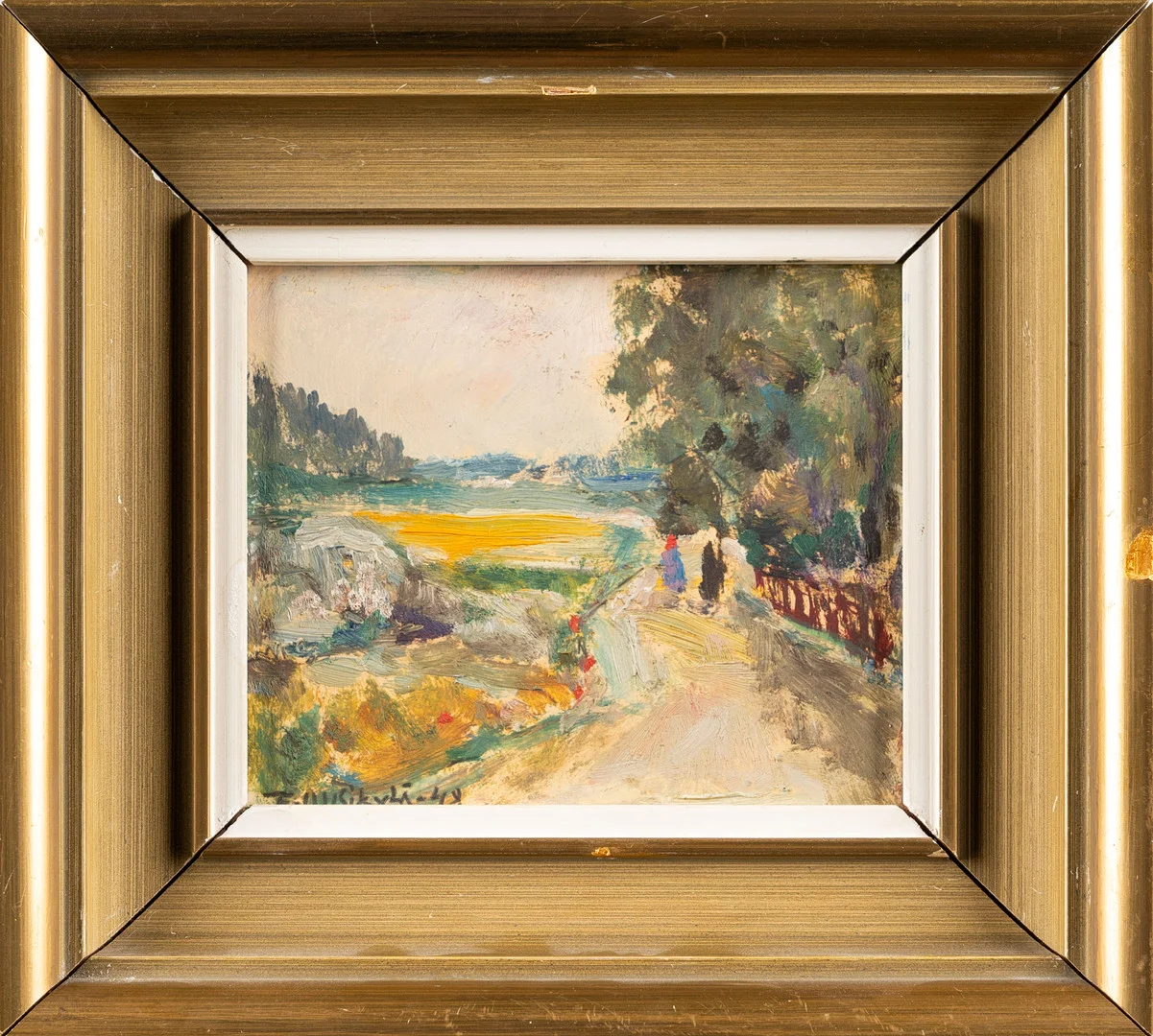 EINAR UUSIKYLÄ. Olja på pannå, Landskapsmotiv, Signerad, 1948. — Paintings — Norrlands Auktionsverk