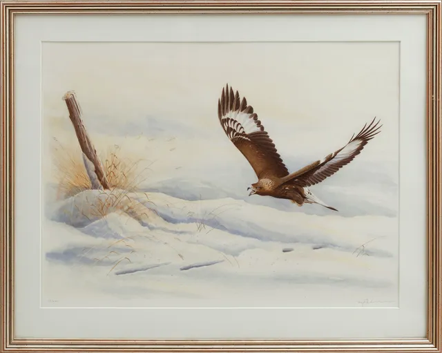DAG PETERSON. Fågel i vinterlandskap, färglitografi, signerad och numrerad 39/200.