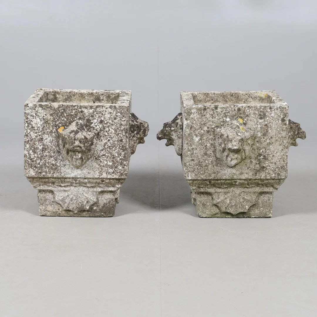 A PAIR OF RECONSTITUTED STONE SQUARE FORM PLANTERS. — Garden Sculptures & Urns — Lawrences Auctioneers