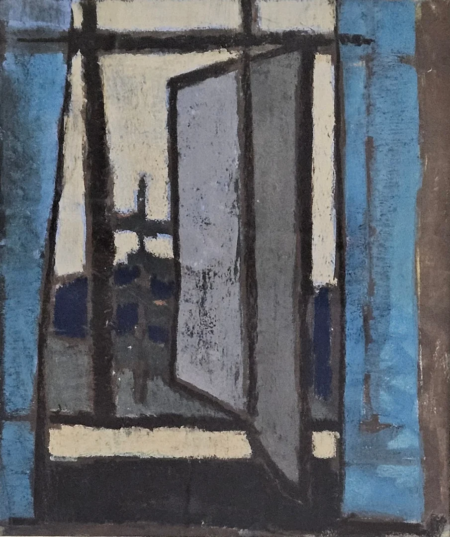 BERTIL ALMLÖF. "Öppet fönster". Blandteknik, signerad Almlöf och daterad -53. — Paintings — Auktionshuset Thörner & Ek