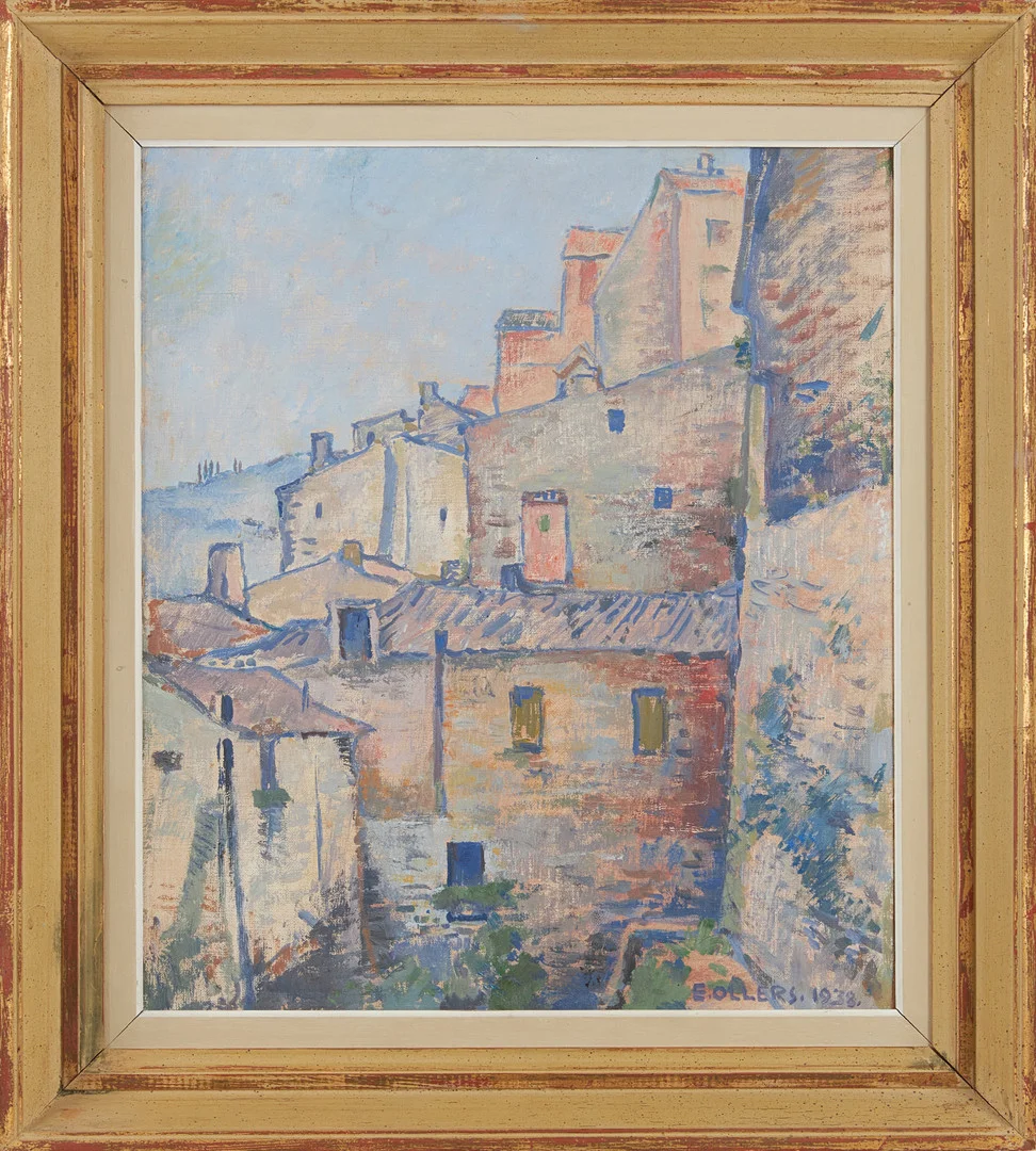EDVIN OLLERS. Sydländsk by, signerad och daterad E Ollers 1938, olja på pannå. — Paintings — Stockholms Auktionsverk Magasin 5