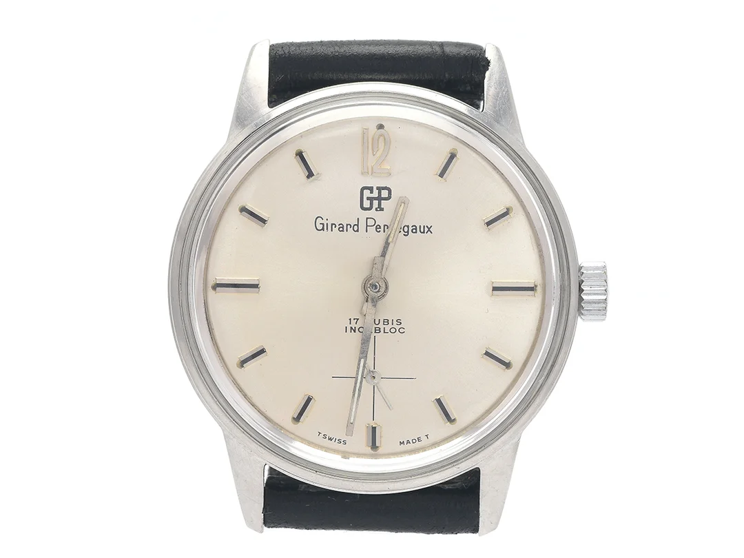 GIRARD-PERREGAUX, "Incablock", herrur, 34,5 mm, Boett nr. 16260, stål, manuell, plexiglas, liten sekundvisare (skadad), skadad urtavla, läderband, ca 1960, box. — Klockor/Girard-Perregaux — Kaplans
