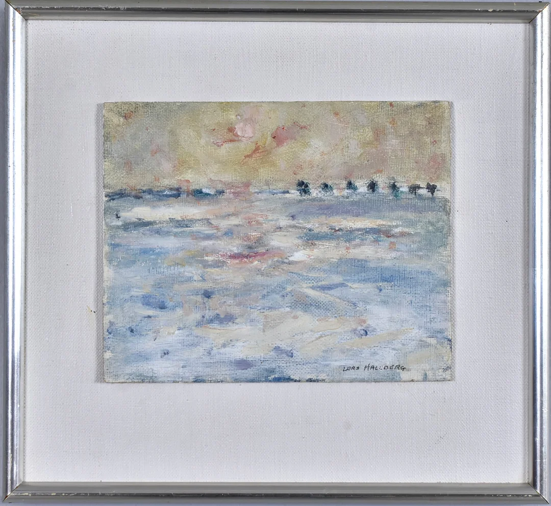 LARS HALLBERG. oljemålning på pannå, "Blek vintersol". — Paintings — Halmstads Auktionskammare
