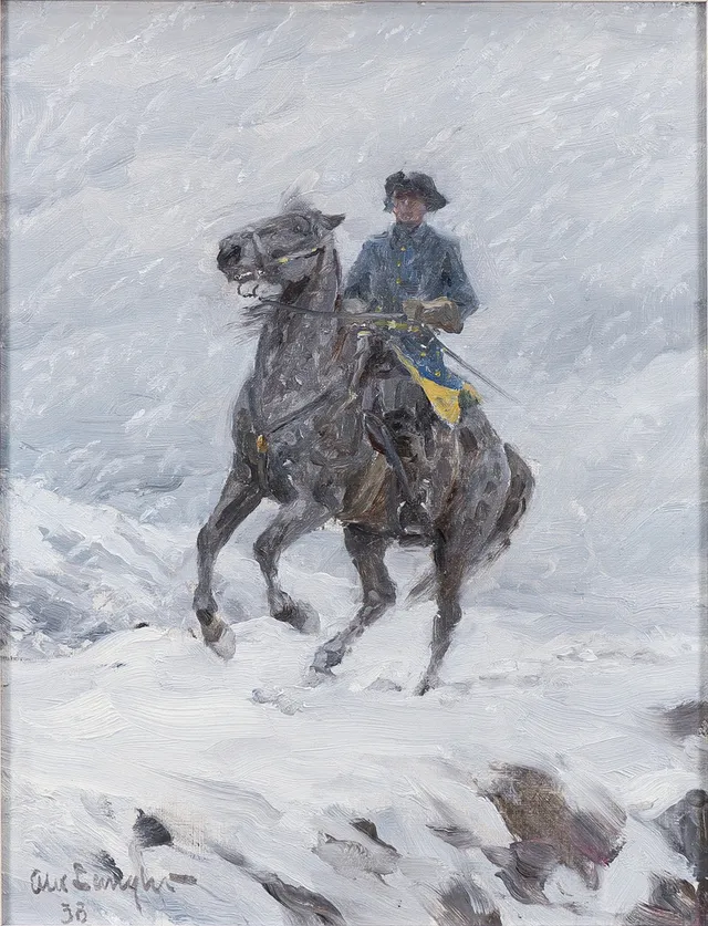 ALEXANDER LANGLET. Ridande karolin i snöoväder.