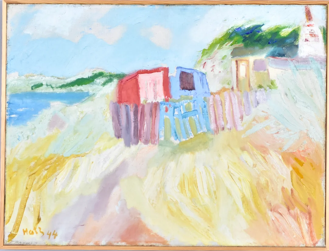 FELIX HATZ. oljemålning på duk, kaninburar vid Amerikanarens Hus, Grötvik. — Paintings — Halmstads Auktionskammare