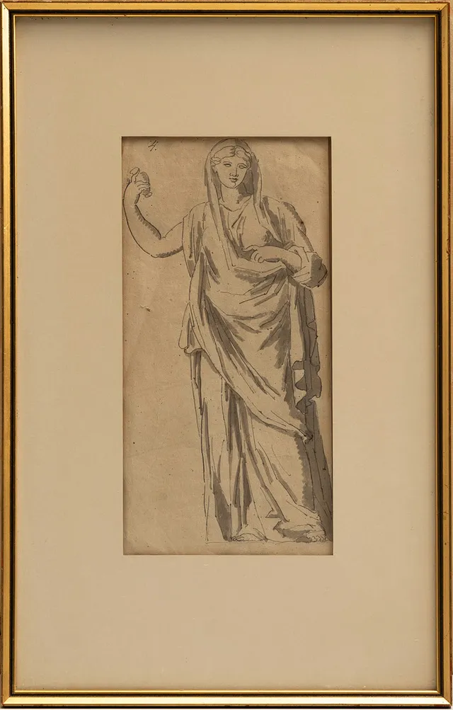LOUIS MASRELIEZ (1748-1810). tillskriven, Kvinna i dräkt, Kolorerad teckning.