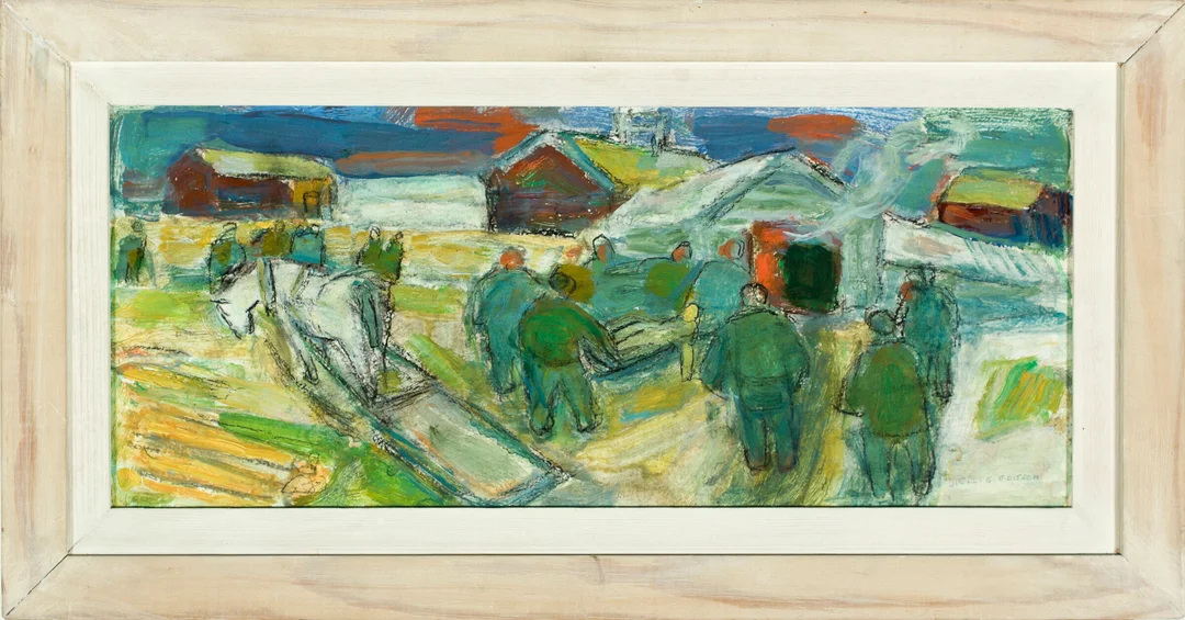 Gleditsch, Rolf Juell — "Gruveliv II, Røros" — Kunst/Maleri — Blomqvist