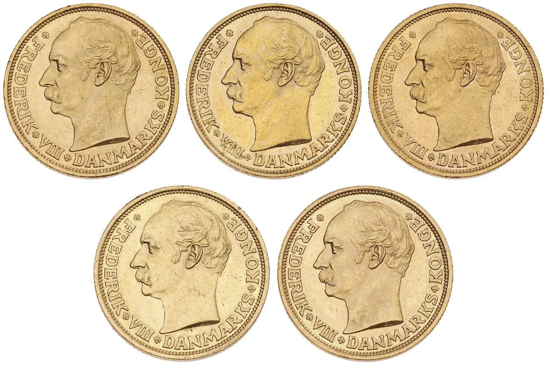 20 kr 1908 VBP, 1909 VBP, 1910 VBP, 1911 VBP, 1912 VBP, H 1, F 297, in total 5 pcs — Coins, Medals & Banknotes/Denmark/Frederik VIII, 1906–1912 — Bruun Rasmussen