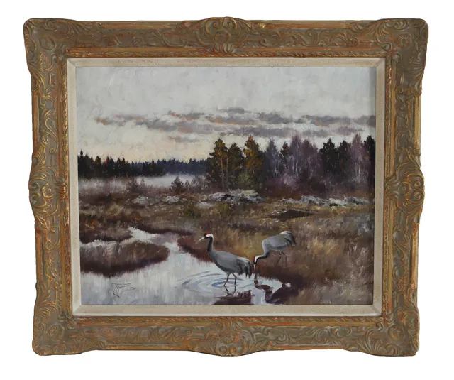 JOHANNES RAVN. Tranor i landskap. Olja på duk, signerad -50.