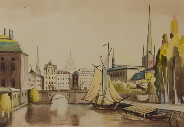 EINAR NORELIUS. Utsikt över Gamla Stan, akvarell på papper. signerad, daterad 1928.