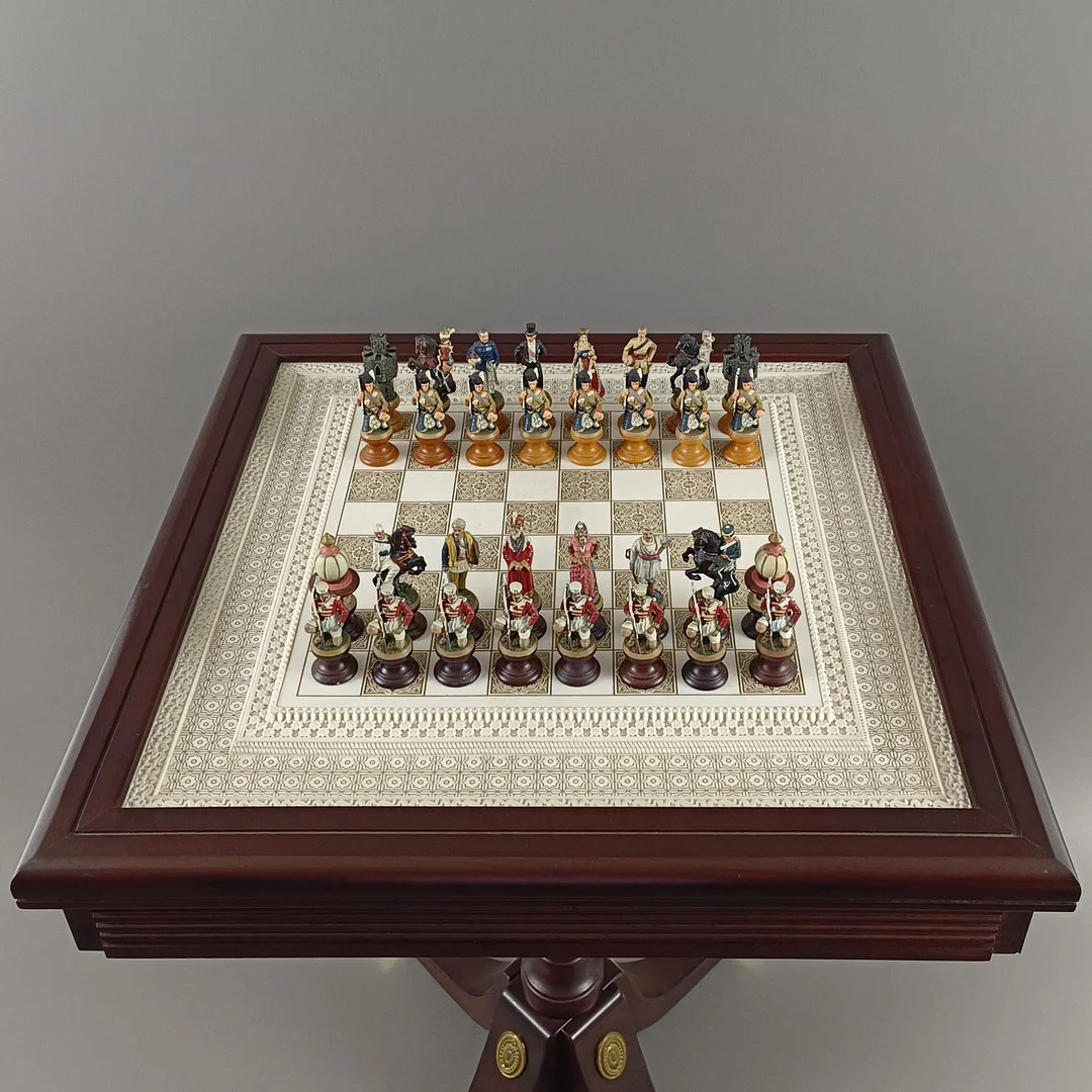 SCHACHSPIEL "DAS RAJ" MIT SPIELTISCH - FRANKLIN MINT, ZINNFIGUREN AUF HOLZSOCKEL. — Other collectables — Auktionshaus Blank