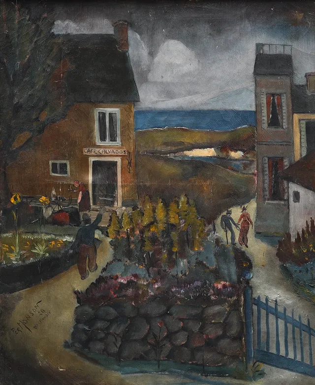 PER MÅNSSON. olja på duk, "Café Calvados", Normandie, signerad Per Monson, daterad 1920.