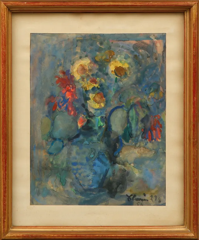 OIDENTIFIERAD KONSTNÄR. Blomsterstilleben, gouache, signerad och daterad 56.