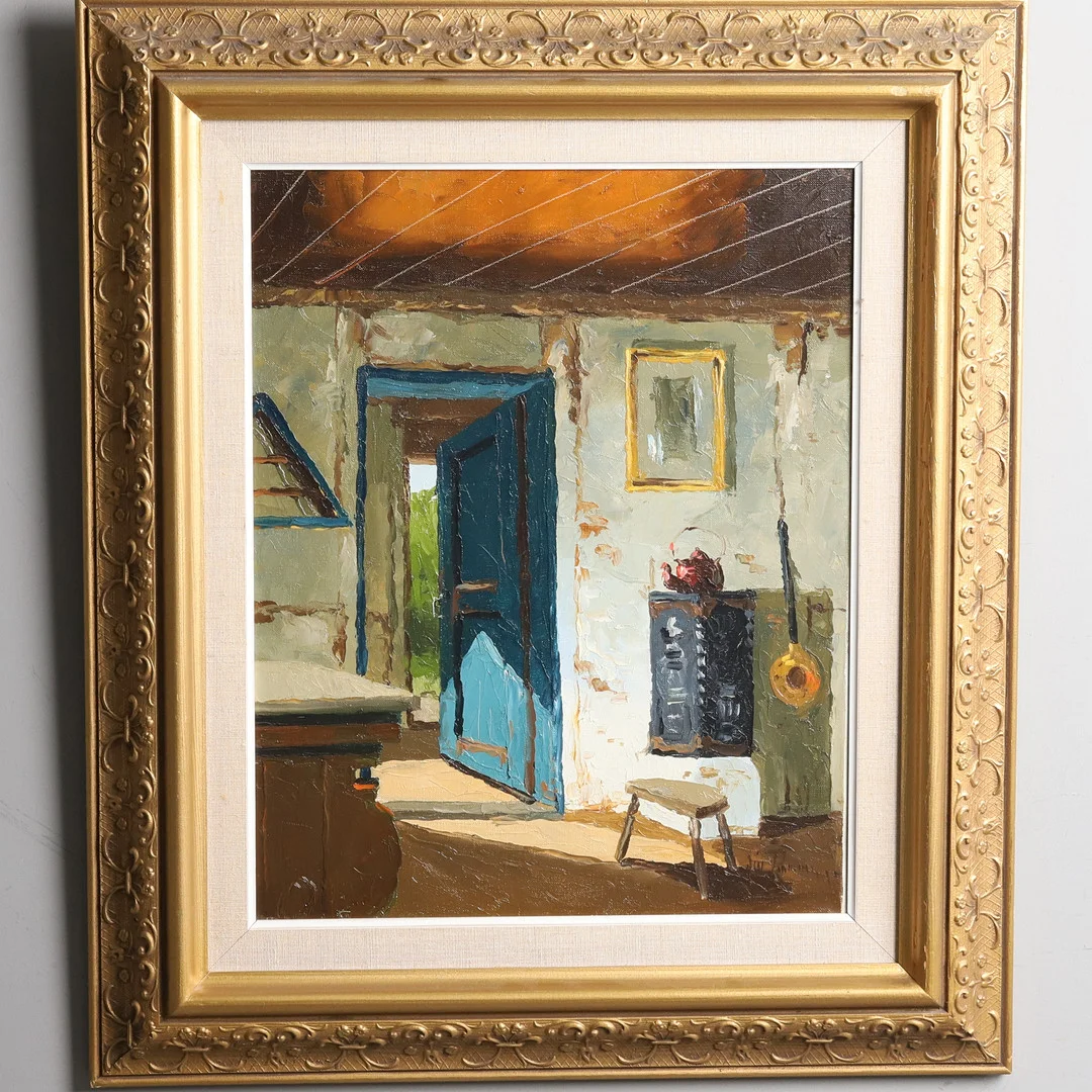 OSVALD RASMUSSEN. Olja på duk, interiör från stuga. — Paintings — Örebro Stadsauktioner
