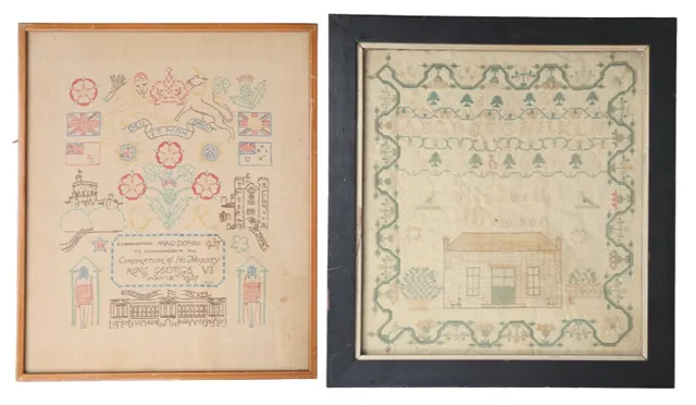 19TH CENTURY NEEDLEWORK SAMPLER AND A GEORGE VI CORONATION SAMPLER. (2).