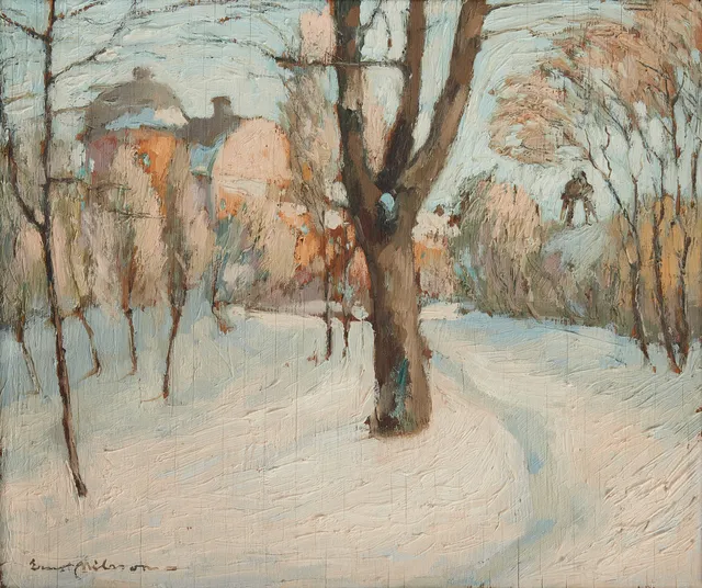 ERNST NILSSON (1892–1937). Vinterlandskap, olja på pannå, signerad Ernst Nilsson.