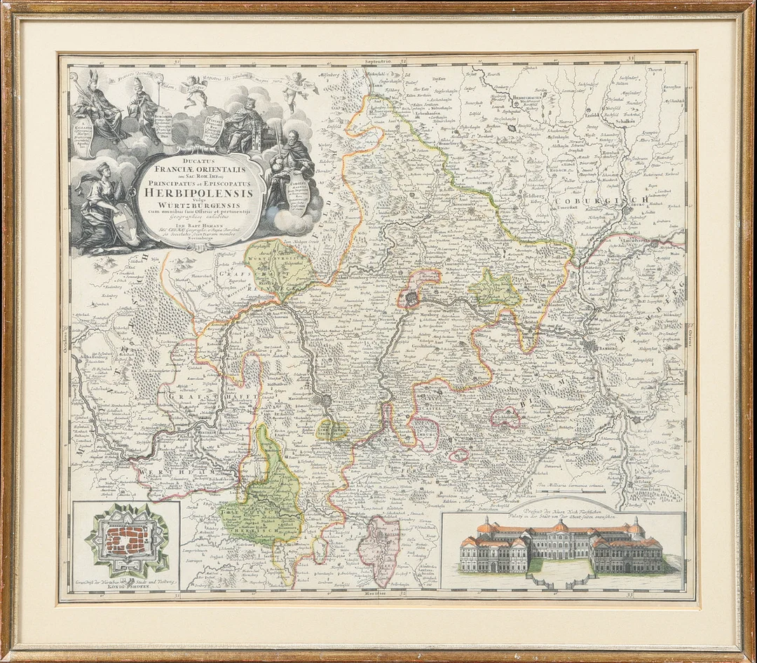 JOHANN BAPTIST HOMANN. Karta över Furstbiskopsdömet Würzburg, kolorerat kopparstick, 1700-tal. — Maps — Göteborgs Auktionsverk