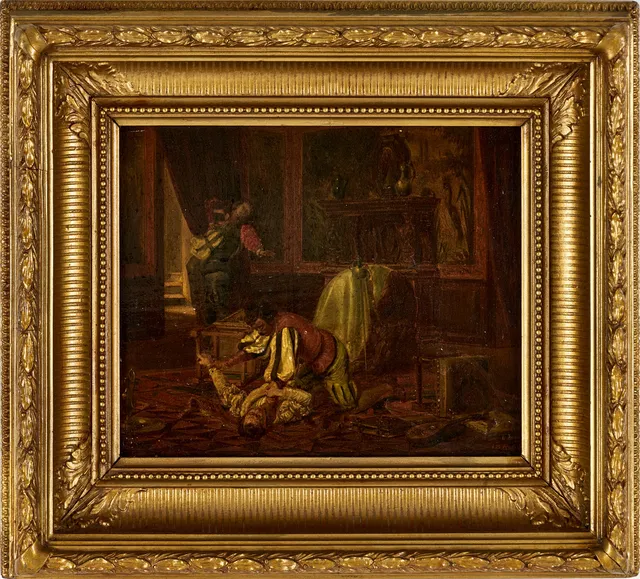 ALBRECHT ADAM (1786-1862) tillskriven, interiör med dramatisk figurscen, signerad och daterad med monogram 1860, olja på pannå.