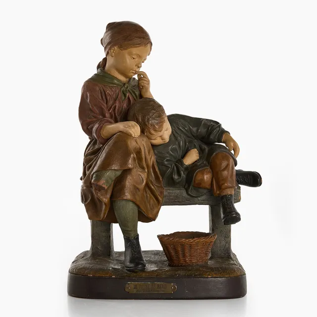 JOSEPH LE GULUCHE (1849-1915). "Il dort si bien", bordslampa i form av figurin, bemålad terrakotta, signerad i godset, stämpelmärkt samt med plakett.