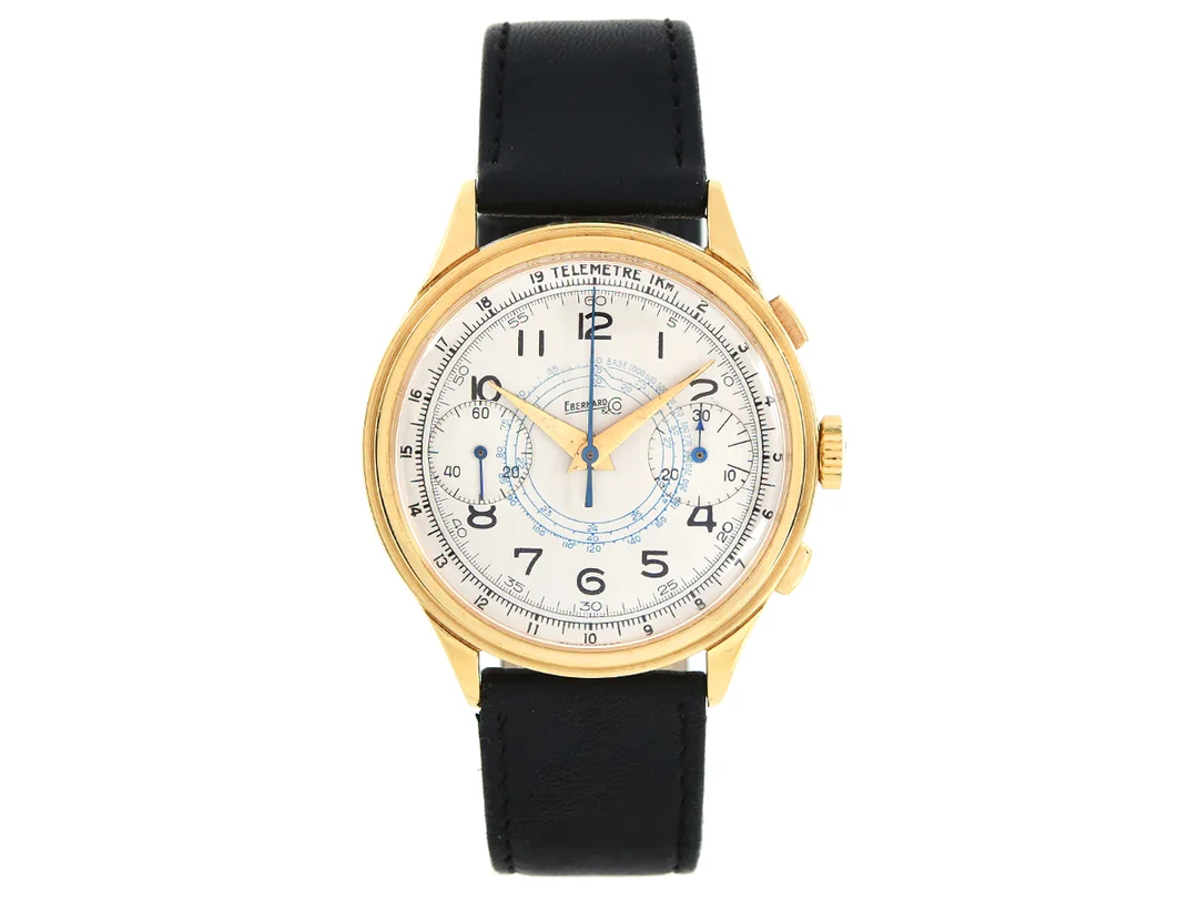 EBERHARD & Co., "Telemetre", Cal Valjoux 65, Boett nr. 225670, kronograf, herrur, 40 mm, 18K guld, manuell, plexiglas, enknappskronograf med stoppknapp, läderband, ca 1960. — Klockor/Eberhard & Co — Kaplans