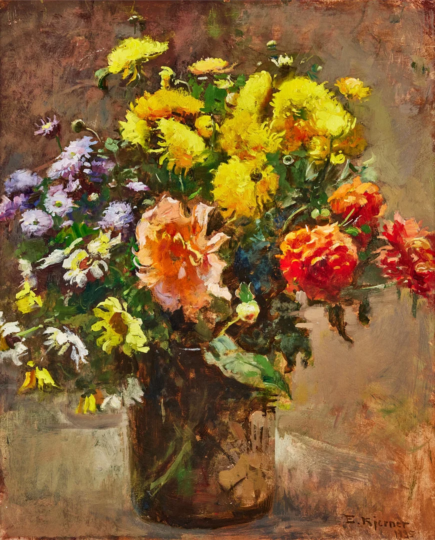 ESTHER KJERNER. Blomsterstilleben, olja på pannå, 54 x 45 cm. — Paintings — Stockholms Auktionsverk Fine Art