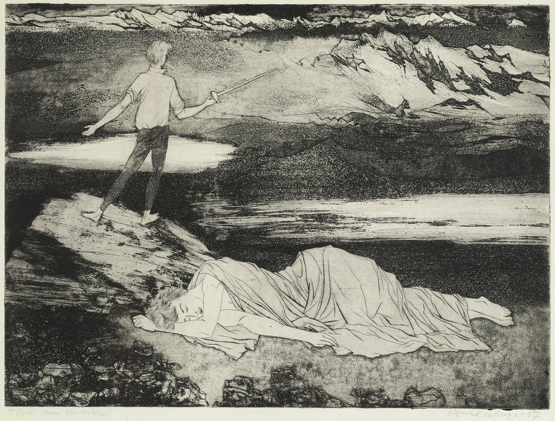Winge, Sigurd — "Ridder uten frykt og daddel" 1957 — Kunst/Grafikk — Blomqvist