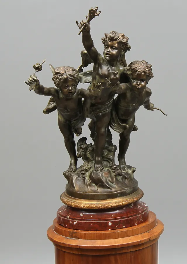 JEAN-LOUIS GRÉGOIRE. troligen efter, "Amours vainqueurs" patinerad metall, på pedestal.