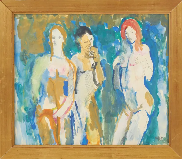 LEOPOLD FARE. "Flickor efter badet", blandteknik på papper, signerad samt daterad 1972 a tergo.