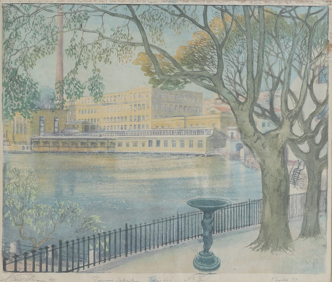 CARL PALME. Färgträsnitt, "Tuppens fabriker", signerad. — Engravings & Prints — RA Auktionsverket Norrköping