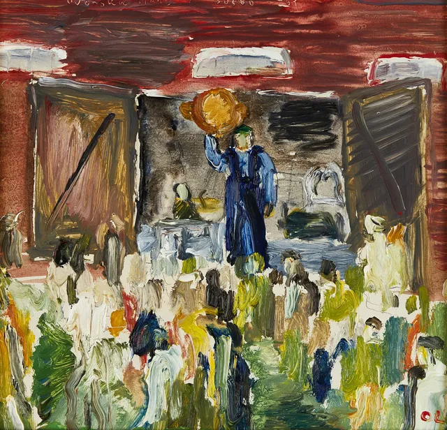 OLLE LINDGREN (1913-2018) ”Auktion”, monogramsignerad OL, notering i målningens övre kant: ”Svenska Hans, Sörbo -67”, olja på pannå.