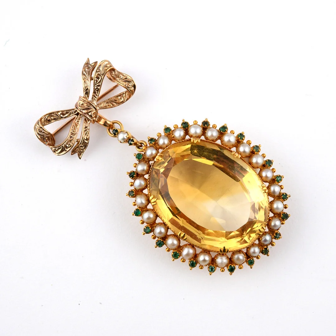 A CITRINE, PEARL AND EMERALD BROOCH PENDANT. — Brooches & Pendants — Lawrences Auctioneers