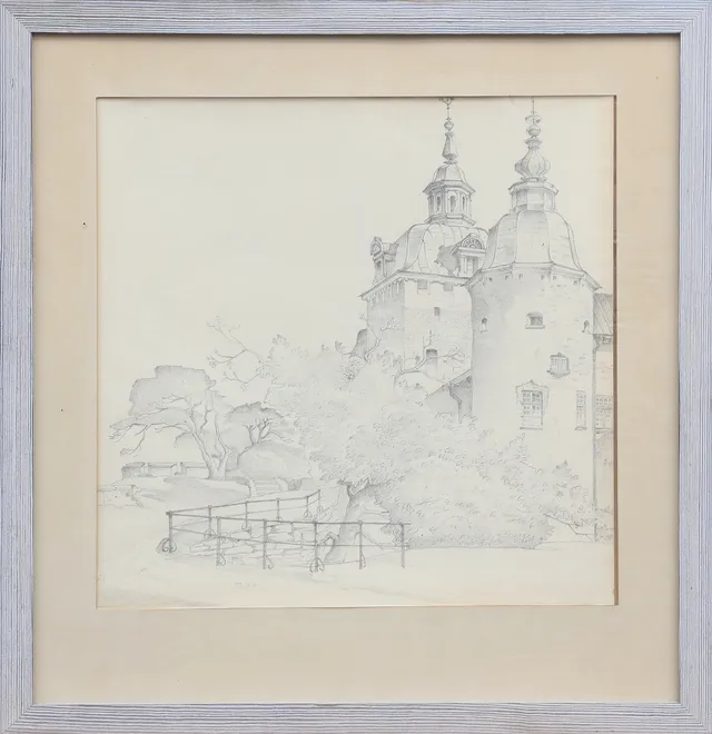 STIG JONZON. TILLSKRIVEN. TECKNING, blyerts, föreställer Kalmar Slott, osignerad.