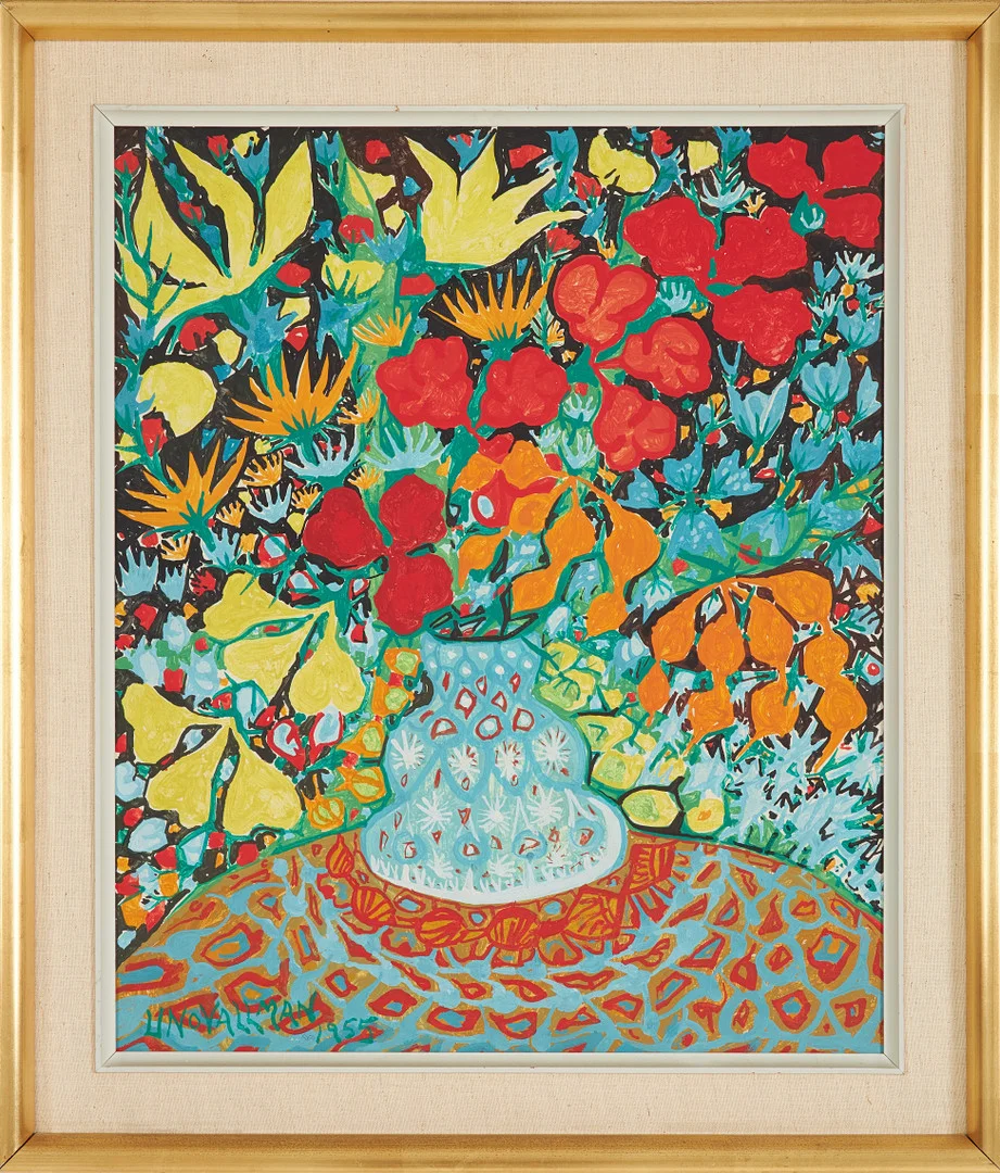 UNO VALLMAN. Stilleben, olja på pannå, signerad Uno Vallman, daterad 1955. — Paintings — Stockholms Auktionsverk Sickla
