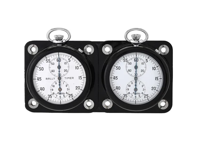 MINERVA, Rally Timer, panelur set 2 st. 51 mm, Cal Valjoux 340, Boett nr. 113793 / 114629, vitmetall, 51 mm, stoppur (60 sek/60 min/12 timmar), mekanisk, plexiglas, monterade på metallplatta, 125 x 65 mm, ca 1970.