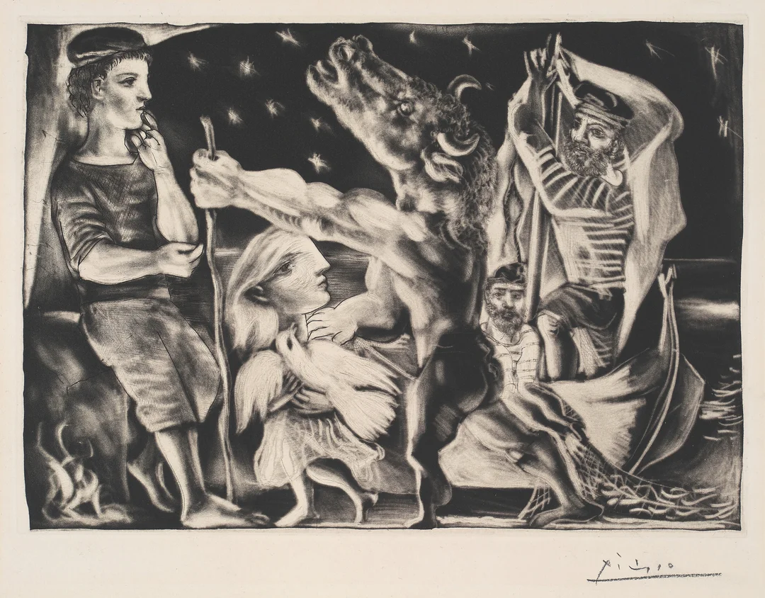 Picasso, Pablo — "Minotaure aveugle guidé par une Fillet dans la Nuit" 1934 — Kunst/Grafikk — Blomqvist