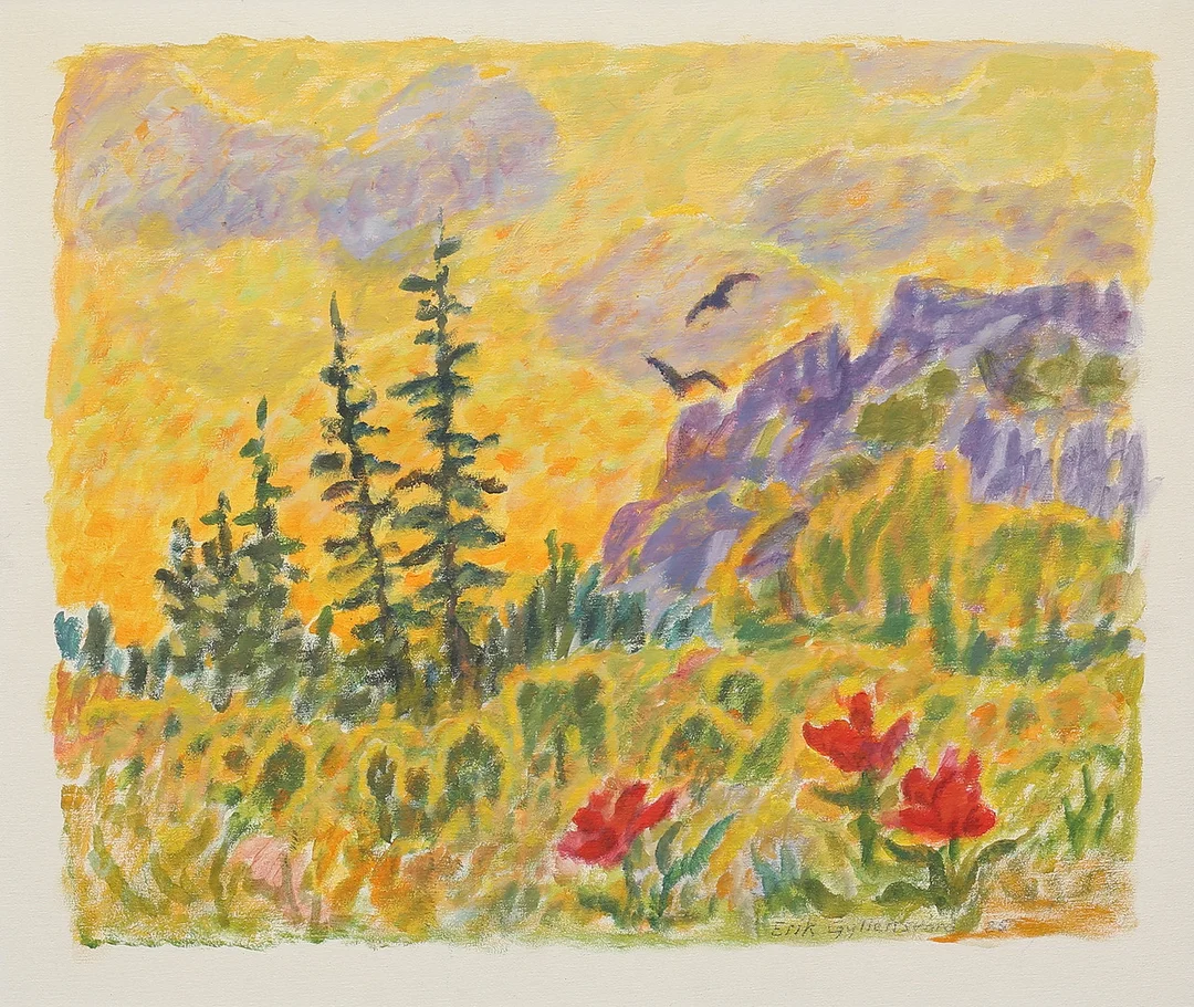 ERIK GYLLENSVÄRD. "Örnberget". Olja på pannå, signerad och daterad -85. — Paintings — Auktionshuset Thelin & Johansson