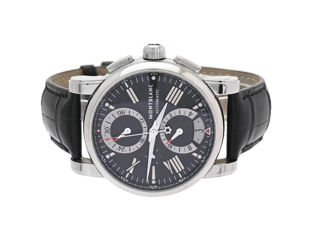 MONTBLANC, Star, Cal 4810 501 (ETA 7750), Serie nr. PL680565, Ref nr. M29435, Boett nr. 7104, kronograf, herrur, 44,5 mm, stål, automatisk, safirglas, datum, glasbaksida, läderband, viklås, cert, augusti 2017, box, ytterkartong. — Klockor/Montblanc — Kaplans