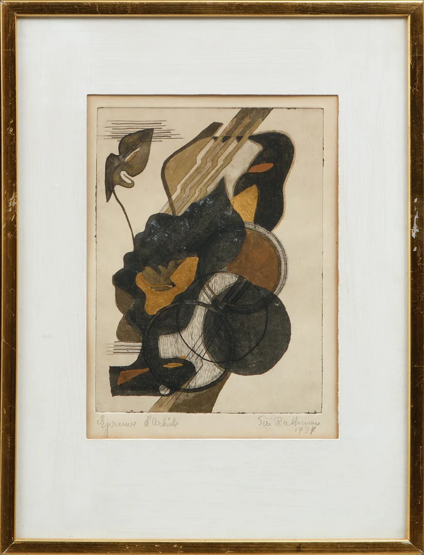 SIRI RATHSMAN. Komposition, färgetsning, kolorerad, signerad och daterad 1937. — Engravings & Prints — Göteborgs Auktionsverk