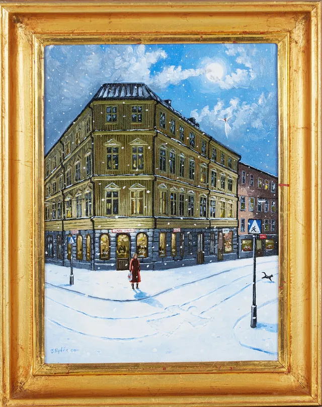 INGER RYDÉN (FÖDD 1944). "Snöängel, Cafe Java", olja på duk, signerad I Rydén.