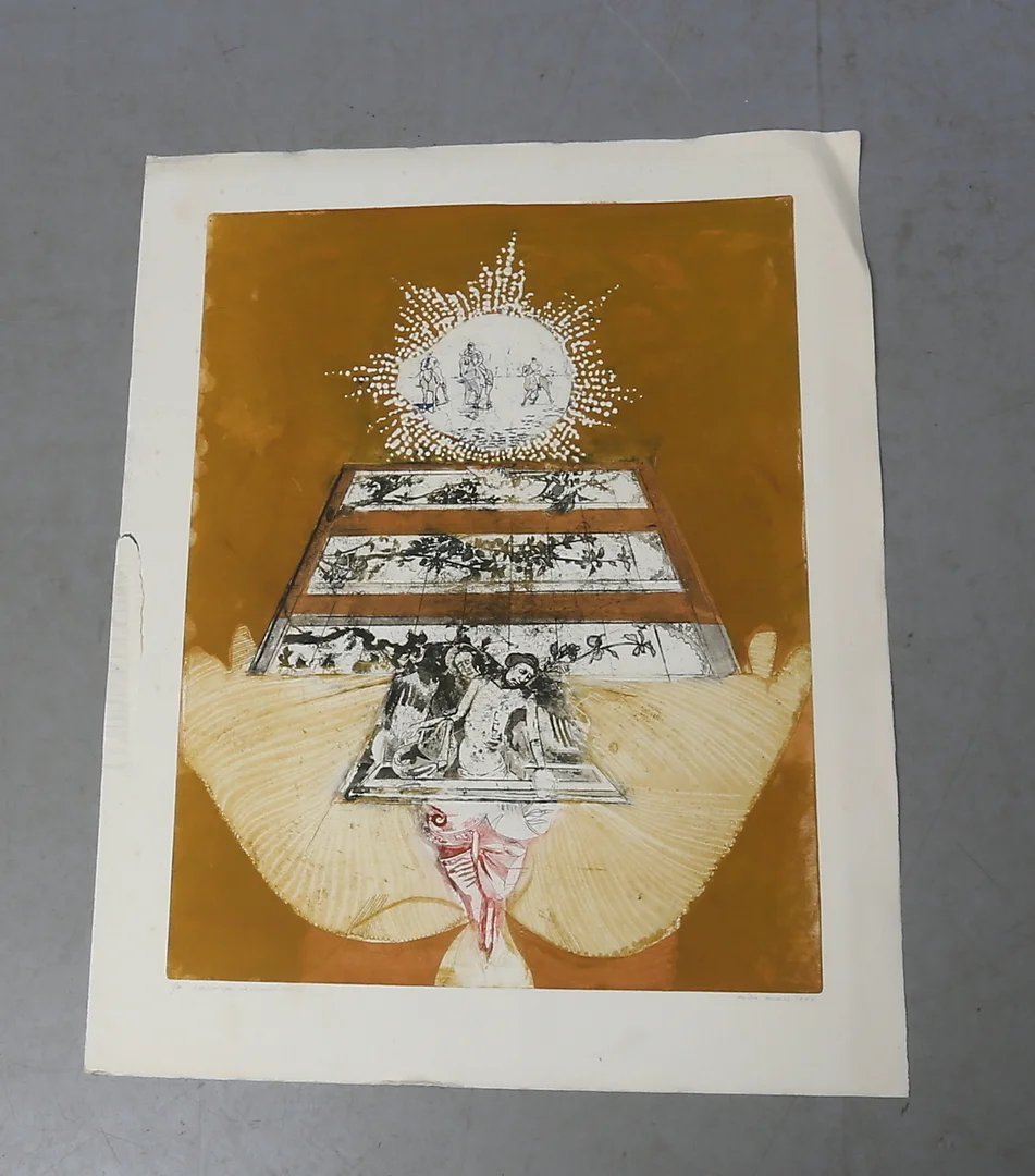 ENDRE NEMES. Färglitografi, "kapplöpningen och återuppståndelsen", signerad, numrerad 4/7 och daterad 1968. — Engravings & Prints — Auktionshuset Kolonn