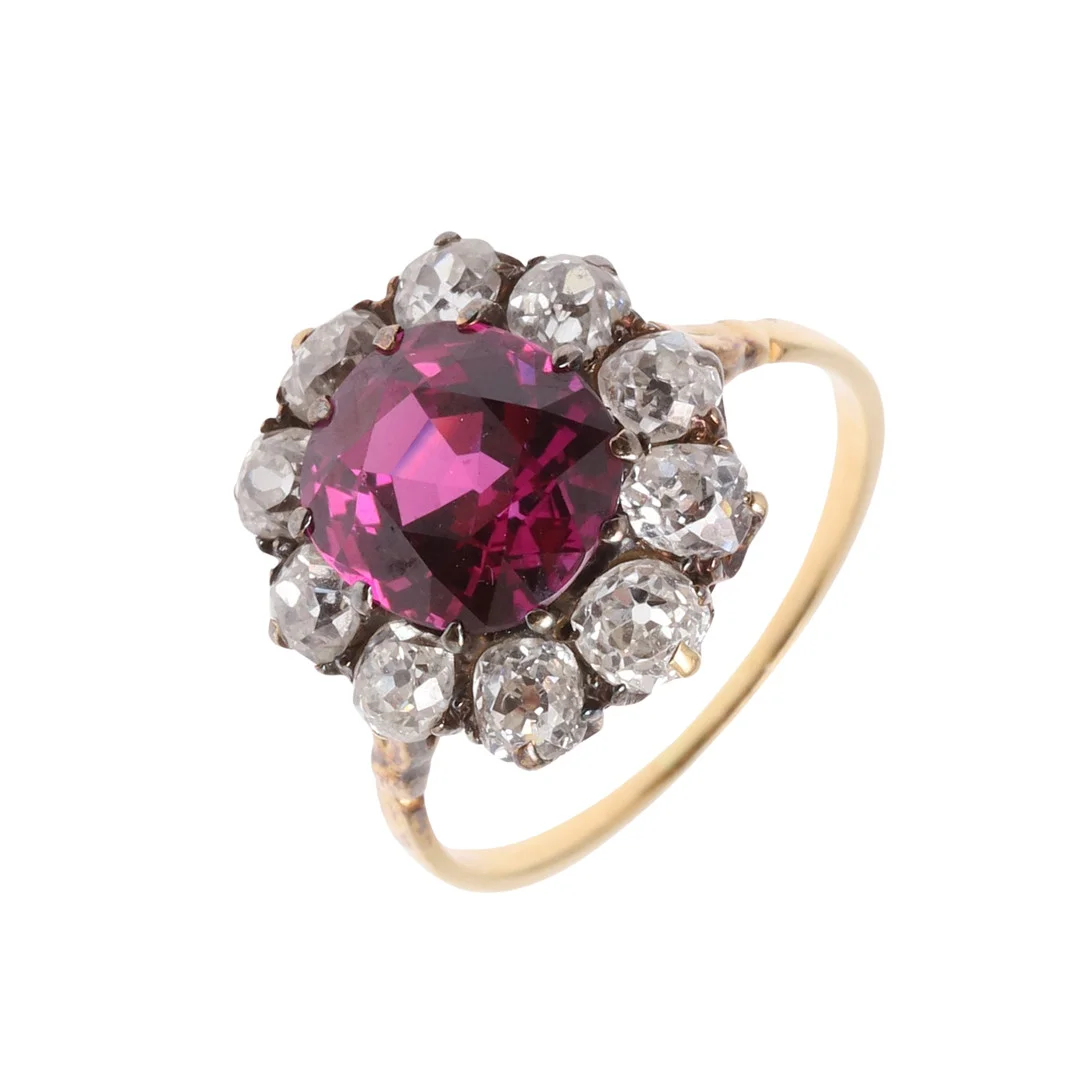 A DIAMOND AND SYNTHETIC RUBY CLUSTER RING. — Rings — Lawrences Auctioneers