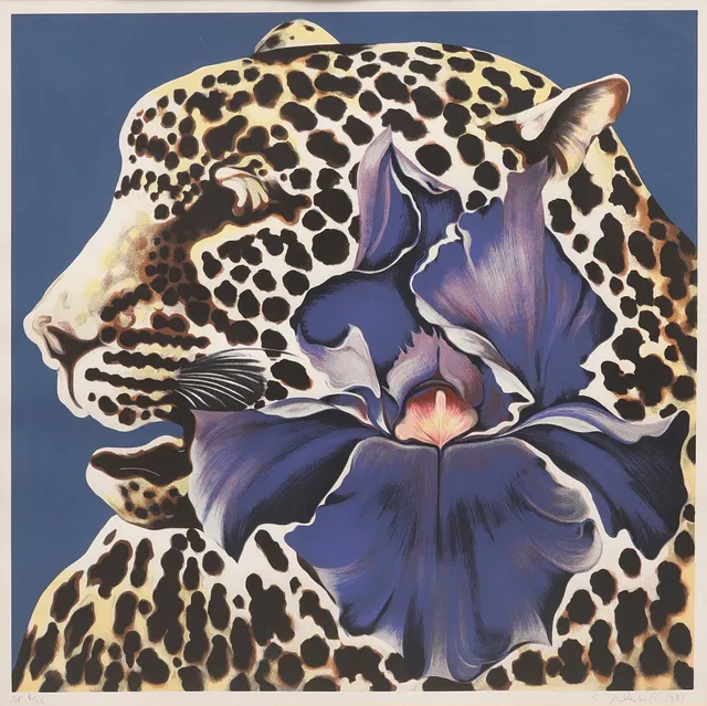 LOWELL NESBITT. "Spotted Leopard and Purple Iris", serigrafi, signerad, daterad 1981 och numrerad AP 8/25.